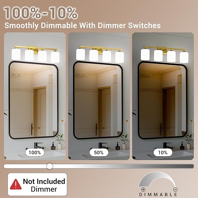 Quntis Gold Bathroom Light Fixtures 5 Colors Adjustable, 4-Light LED Bathroom Vanity Lighting with Milky White Frosted Glass Shade, Energy-Saving Light Over Mirror 28.3 inch