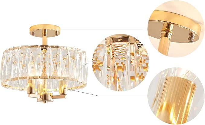 AGV LIGHTING CL003G K9 Crystal Semi Flush Mount Ceiling Light Fixture, E12 Base 3-Lights, D13 x H15, Shine Gold & Black Finish