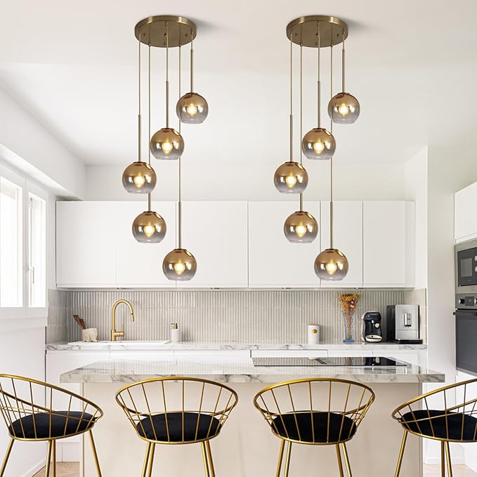 KCO Lighting 5 Light Cluster Pendant Lighting Gold Glass Pendant Light Mid Century Modern Dining Room Light Fixture Small Globe Cluster Chandelier Light Fixture