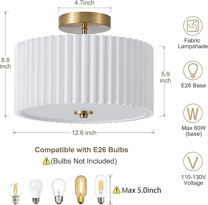 Semi Flush Mount Ceiling Light,12.6"Modern Close to Ceiling Light Fixture With White Fabric Shade,Light Fixtures Ceiling Mount Bedroom Ceiling Light for Bedroom Foyer Kitchen Living Room(Gold)