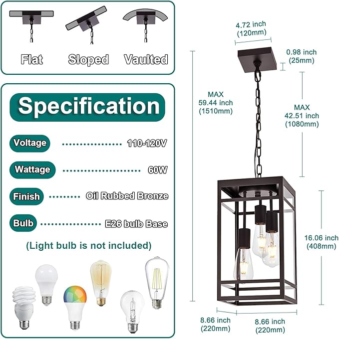 Large Outdoor Pendant Light Fixture for Porch, Oil Rubbed Bronze Outdoor Hanging Lantern Pendant Light with Clear Glass, 3 Lights Exterior Porch Chandelier for Outside Patio,Front Door,Enterway
