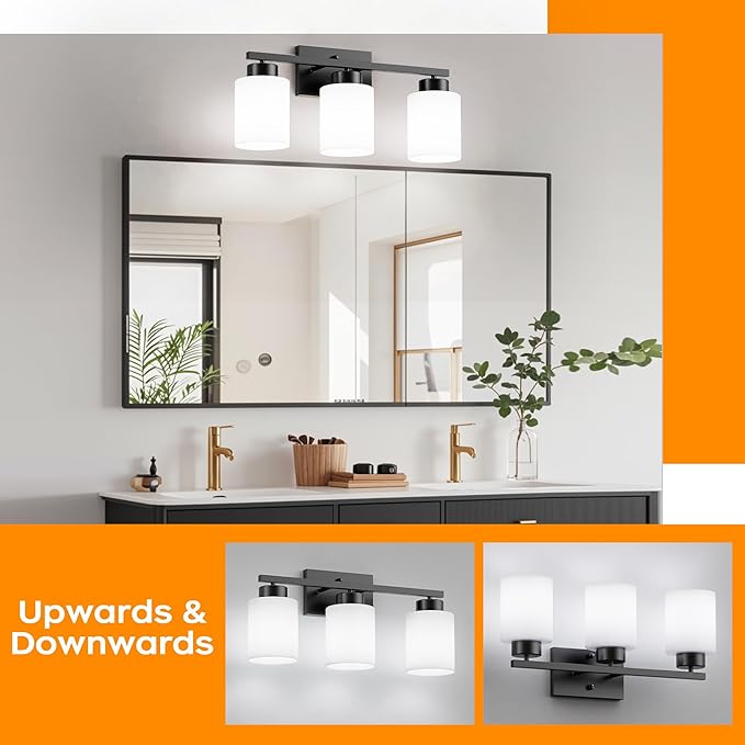 PARTPHONER 3-Light Matte Black Bathroom Light Fixtures, Modern Vanity Light Over Mirror Lighting, Wall Sconce with Frosted Milky White Glass Shades for Bedroom Living Room Kitchen Hallway