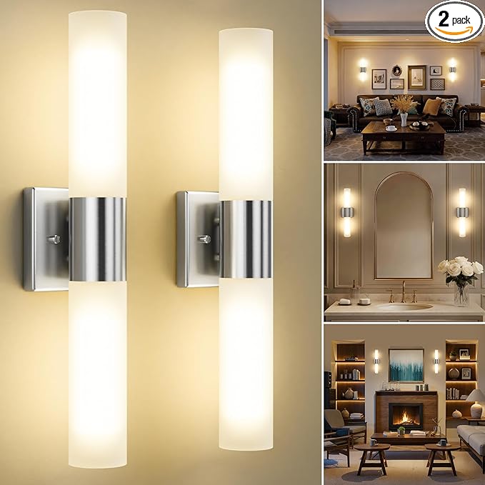 Bathroom Wall Sconces Set of Two, 21 Inch Modern Vanity Lights with Frosted Glass Shade, Bathrooms Vanity Lighting Fixtures for Mirror Bedroom Living Room Hallway (Silver)