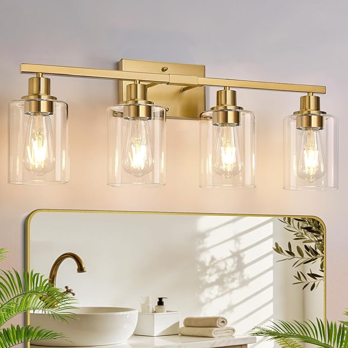 MOKATNG 4-Light Bathroom Light Fixtures, Vanity Light with Clear Glass Shades, Brushed Gold Bathroom Light Fixtures Over Mirror, Modern Bathroom Wall Lamp for Mirror Living Room Cabinet Bedroom