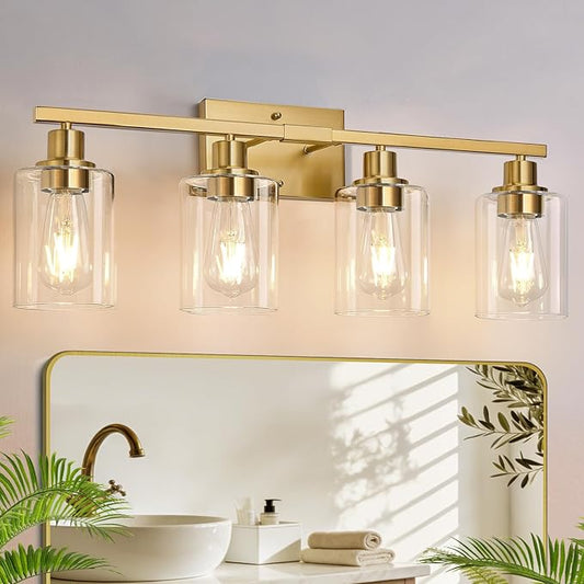 MOKATNG 4-Light Bathroom Light Fixtures, Vanity Light with Clear Glass Shades, Brushed Gold Bathroom Light Fixtures Over Mirror, Modern Bathroom Wall Lamp for Mirror Living Room Cabinet Bedroom