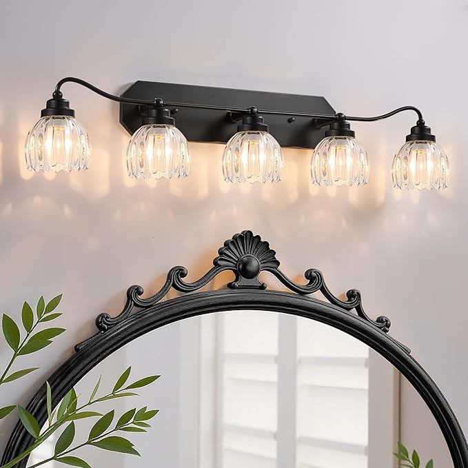 Vintage Bathroom Light Fixtures, 5 Light Bathroom Vanity Light, Black Matte Antique Brass Finish with Crystal Glass Shade, Mid Century Wall Sconces for Bedroom, Living Room, Hallway
