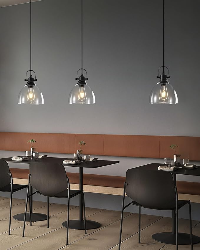 Black Pendant Lights Kitchen Island, 7.5'' Modern Glass Pendant Light 2 Pack, Farmhouse Pendant Lights with Clear Glass Shades, Hanging Island Pendant Lights for Kitchen, Bedroom, Bathroom