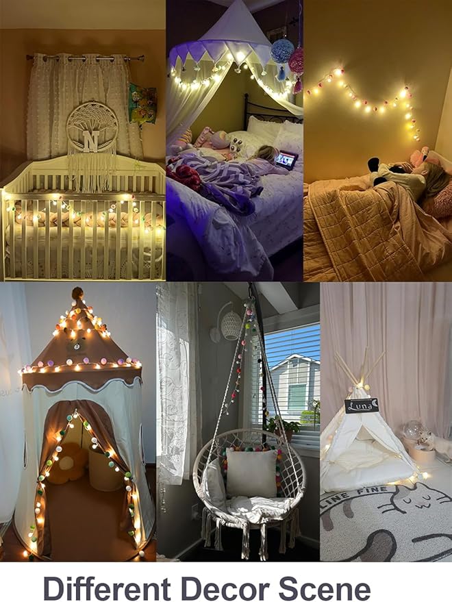 ChiRee Indoor String Lights 6.56 Feet Pom Poms Moon Lights 20 LED Battery Operated String Fairy Lights Warm White Globe Lights Colorful Decor Lights for Home Bedroom Kids Playhouse Holiday Christmas