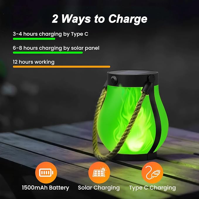 Hompavo Gen2 Solar Lanterns Outdoor with Ultra-Real Flame, Dual Charging (USB/Solar) & 2 Modes - Waterproof Decorative Hanging/Table Lights for Patio Garden Halloween Christmas Decorations, 2/Green