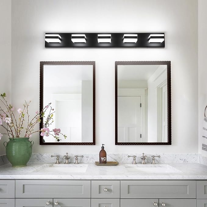 SOLFART Dimmable LED Vanity Lights for Bathroom, Modern Black Bathroom Vanity Lights Over Mirror, 5 Lights Bath Lighting Cool Light 6000K