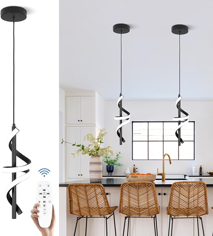 CANEOE Black Pendant Light Fixtures, 3000K-6000K Dimmable Modern LED Pendant Lights,Kitchen Island Pendant Lighting for Dining Room Living Room Bedroom Hanging Light Fixtures,1 Pack