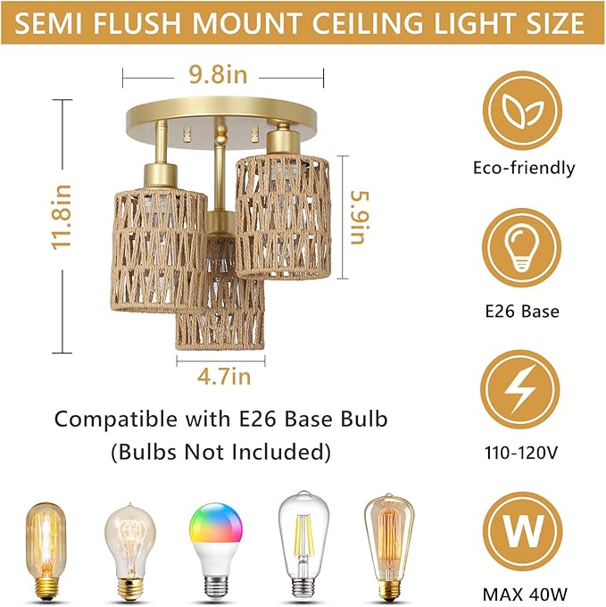 3-Lights Boho Light Fixtures - Farmhouse Rattan Light Fixture with Woven Cage Shade, Gold Semi Flush Mount Ceiling Lights for Bedroom, Kitchen, Hallway