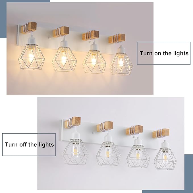 Farmhouse Vanity Light for Bathroom, 4-Light White Wood Bathroom Vanity Light Fixtures Over Mirror, Rustic Sconces Wall Lighting with Metal Lampshade for Living Room, Bedroom, Hallway