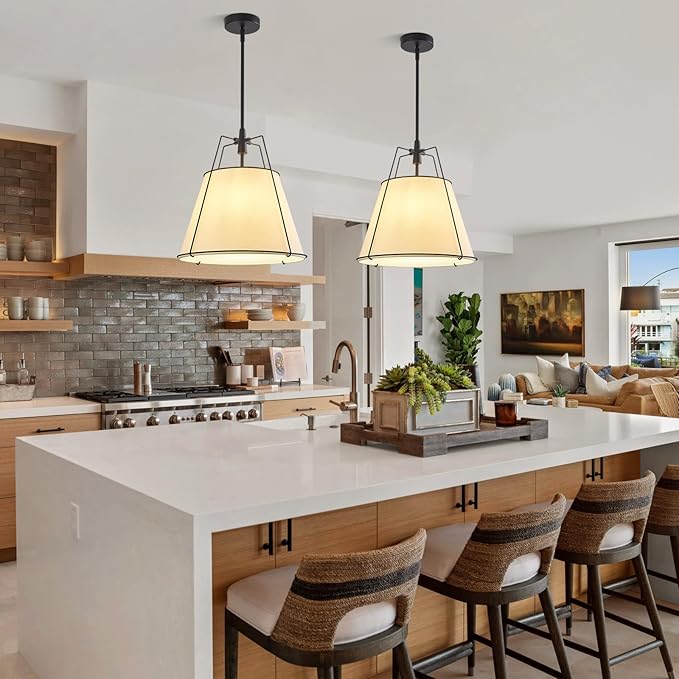 Modern Pendant Light Fixtures with 16" Off-White Linen Fabric Shade, Adjustable Hanging Light Fixture,3-Light Drum Black Vintage Chandelier for Kitchen Island Bedroom Dining Room Foyer