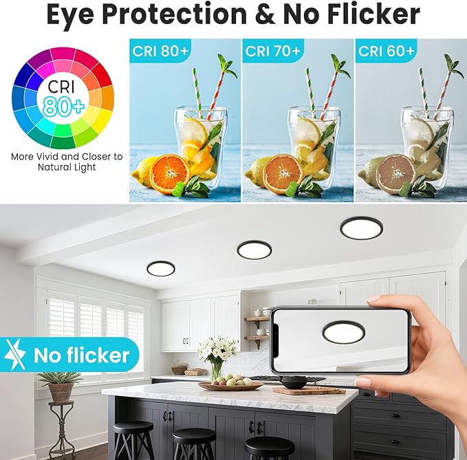 libtit 7 inch Flush Mount LED Ceiling Light Fixture, 3000K-6500K Adjustable, 15W 1500lm Black Satin Round Ceiling Lamp for Bathroom Hallway Kitchen Bedroom, 6 Pack