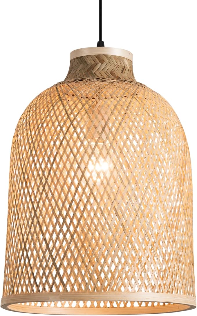 11.81" Dome Woven Pendant Light Fixture, Handmade Geometric Boho Bamboo Woven Pendant Light for Kitchen Dining Room Bedroom Living Room