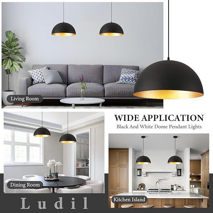 Industrial Pendant Lighting for Kitchen Island, 20 Inch Black and Gold Metal Dome Pendant Light Fixtures, Hemispherical Hanging Ceiling Light E26 Base for Reading Dining Room Foyer Cafe