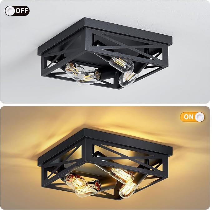 ZHU YAN Farmhouse Ceiling Light Fixture, 2 Pack Square Black Metal Cage Ceiling Lamp for Kitchen Entryway Hallway (4-Light)