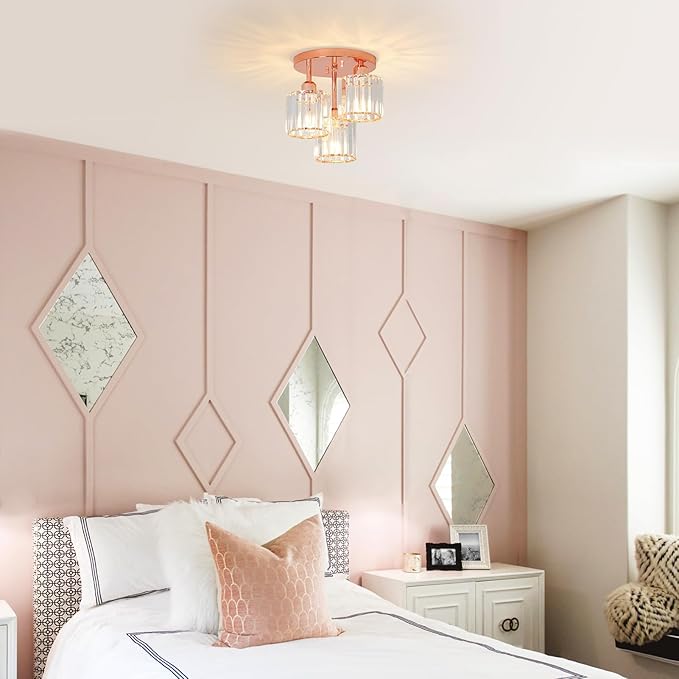 Crystal Semi Flush Mount Ceiling Light,3-Light Modern Kitchen Lighting Fixtures,Rose Gold Dining Room Light Fixture with Clear Crystal Shade，Ceiling Light Fixture for Bedroom Bathroom