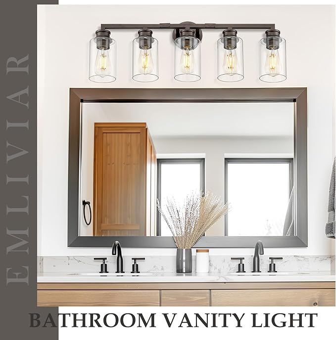 Emliviar Large 5-Light Vanity Light Fixture for Bathroom, Modern 30 Inch Sconce Wall Lighting with Clear Glass Shade, Oil Rubbed Bronze Finish, YCE253B-5W ORB