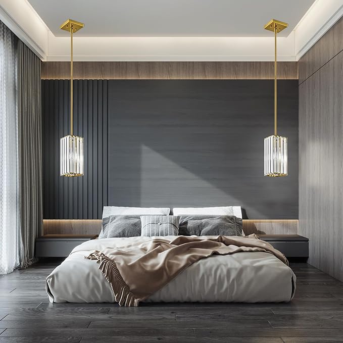 Modern Pendant Light Gold Rectangle Pendant Lighting Mini Crystal Chandeliers Adjustable Pendant Light Fixture for Kitchen Island Dinning Room Living Room Corridor Bedroom(Gold 1-Pack)