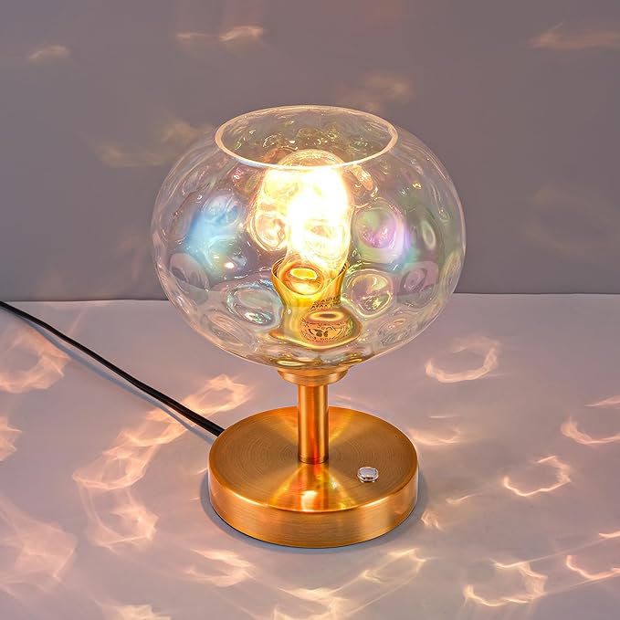 Touch Control Hammered Glass Table Lamp Brass Gold Portable Dimmable Brightness Small Nightstand Light 3-Way Stepless Dimming Bedside Bedroom Living Room (Stained Glass & Gold)