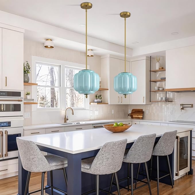 Vintage Blue Glass Pendant Lights 9.8 Inch Mid Century Modern Hanging Ceiling Light, Adjustable Height Kitchen Island Hanging Lights for Dining Room, Kitchen, Hallway and Bedroom, E26 Base