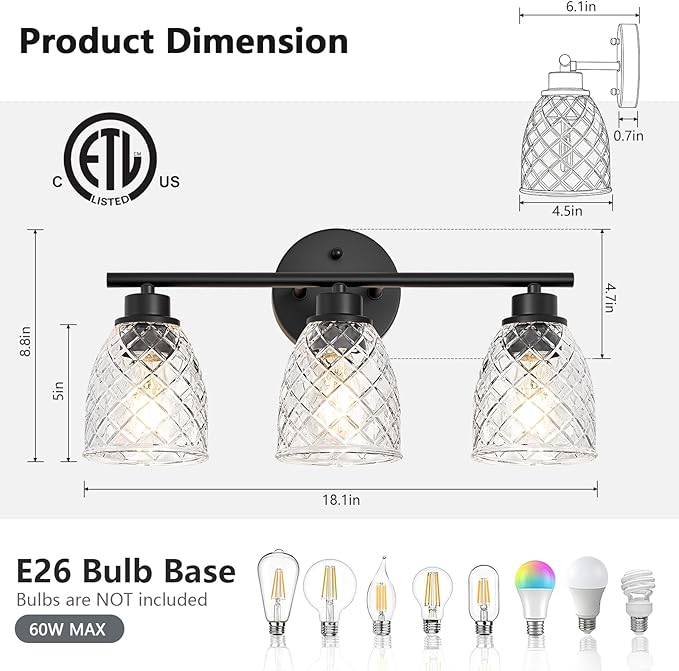 3-Light Bathroom Light Fixtures, Modern Black Vanity Light Over Mirror, Wall Sconce with Clear Hammered Glass Shades, E26 Base (Bulbs Not Included)