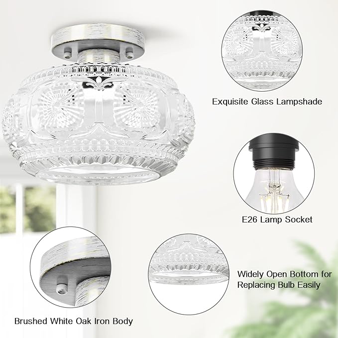 Semi Flush Mount Ceiling Light, Globe Glass Ceiling Light Fixture, Brushed White Oak Modern Lighting for Hallway Bedroom Entryway Kitchen Porch, Bulb Not Included