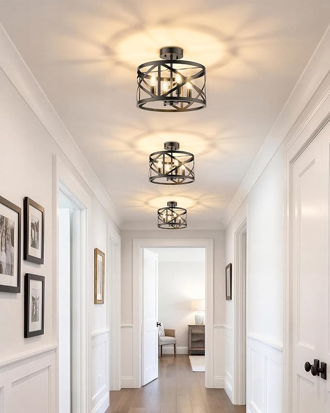 Matane Semi Flush Mount Ceiling Light, 4-Light 12inch Farmhouse Modern Light Fixture with X-Shape Cage, Industrial Rustic Ceiling Lamp for Kitchen, Dining Room, Bedroom, Hallway, Laundry Room, Black