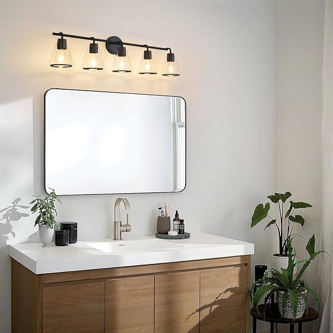 Bathroom Vanity Light 5 Light, Modern Vanity Lighting Fixture for Bathroom, 38.5" Vanity Lights with Clear Glass Shade, Black Bath-Room Wall Light Over Mirror, Wall Sconces for Bath