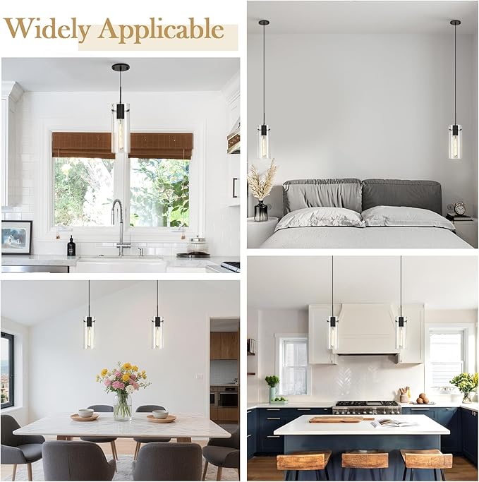 Glass Black Pendant Light, 2 Pack Modern Kitchen Island Pendant Lighting with Ribbed Glass, Adjustable Cord Pendant Light for Over Island, Dining Room, Bathroom Bedroom