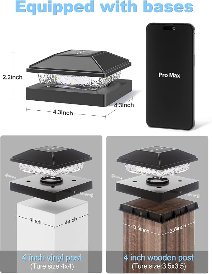 VOLISUN 4x4 Solar Fence - Post Cap Lights 16pack Outdoor Waterproof, Black Deck Post Cap Light with Warm White,for 4x4 Wooden/4x4 Vinyl