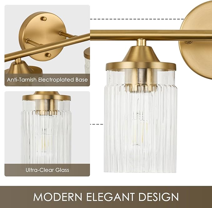 Jonsi Gold Bathroom Light Fixtures 4-Light Vanity Lights Modern Wall Sconce with Clear Glass Shade Brushed Brass Bathroom Light Fixture Over Mirror for Bedroom Hallway Kitchen