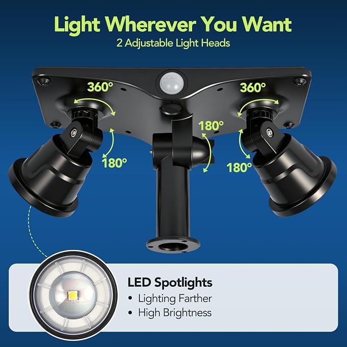 Solar Lights Outdoor Waterproof, 6000K Ultra Bright,2 Lighting Modes Motion Sensor Outdoor Flood Light,Adjustable Heads and Glass Panel Solar Powered Spotlights for Pathway Garden Yard