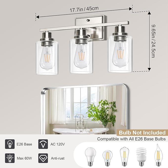 Unicozin 3 Light Bathroom Light Fixtures, Modern Vanity Lights Over Mirror, Brushed Nickel Wall Lamp with Clear Glass for Living Room Cabinet Bedroom Porch