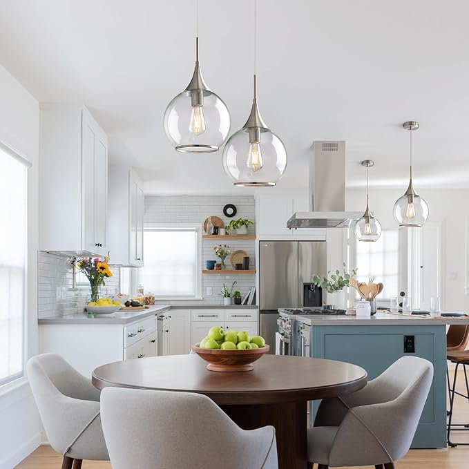 Pendant Lights Kitchen Island: 3 Pack Brushed Nickel Light Fixture Modern with Clear Glass - 10 Inch Mid Century Globe Kitchen Lighting Fixtures Ceiling for Bar