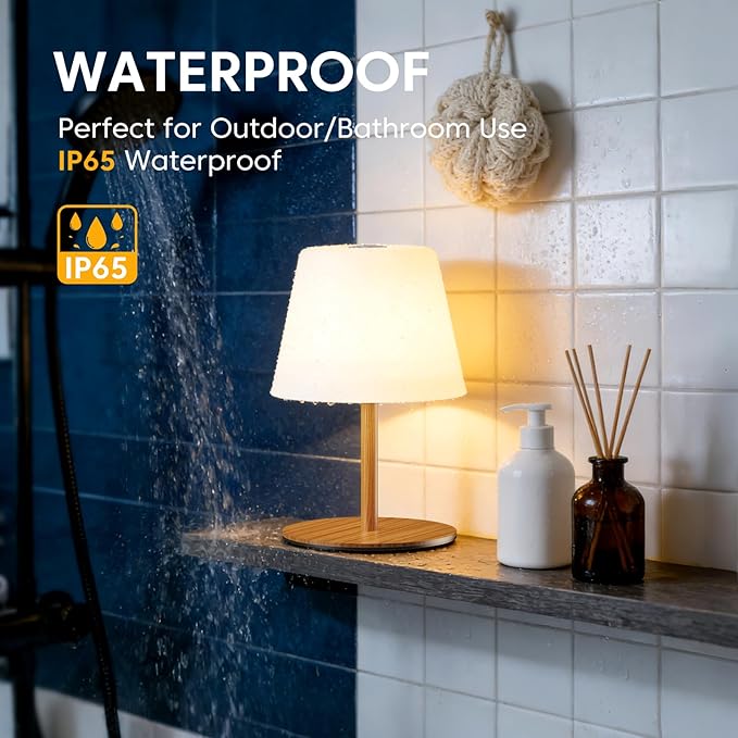 NEEZUKAR Cordless Table Lamp for Bedroom,Rechargeable IP65 Waterproof Shower Lamp with Battery Operated, Touch Dimmable LED Desk Light for Bathroom,Kitchen,Outdoor Patio (Wood Grain)