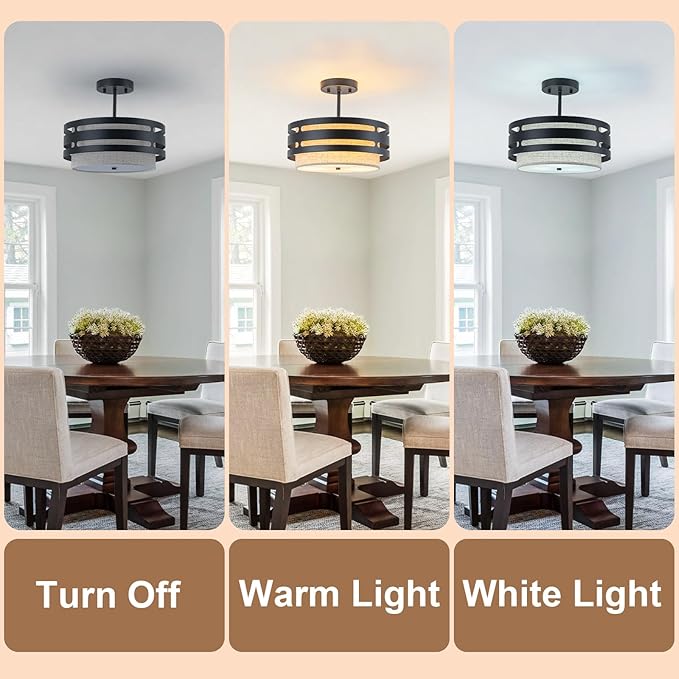 12.6” Drum Semi Flush Mount Ceiling Light Fixture, 3-Light Black Linen Ceiling Lights, Farmhouse Fabric Close to Ceiling Lighting for Bedroom Hallway Kitchen Entryway Foyer Dining Room