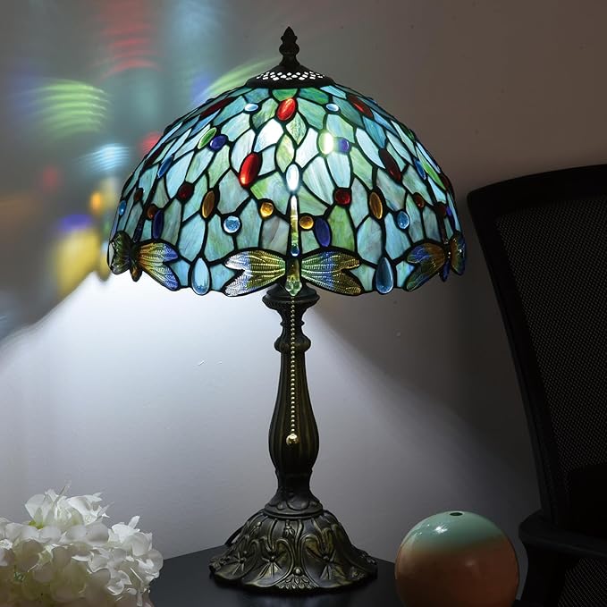 Tiffany Style Stained Glass Table Lamp 12-inch Dia Ocean Blue Dragonfly Design Lampshade Vintage Nightstand Light for Bedroom Dorm Living Hallway Cottage Office Cafe Ceremony Housewarming Gift
