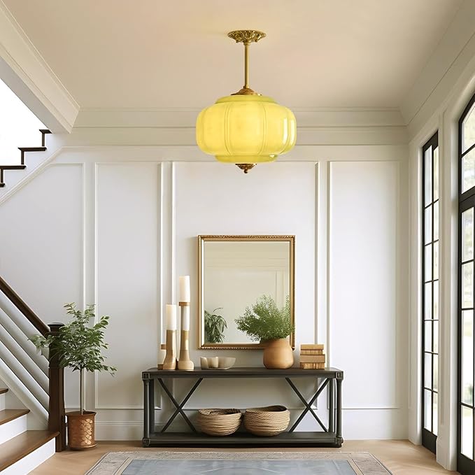 Milk Glass Pendant Light 15 Inch Semi Flush Mount Ceiling Light Fixture Adjustable Height Mid Century Brass Vintage Ceiling Light for Kitchen Hallway Dining Room Bedroom Schoolhouse(Green)