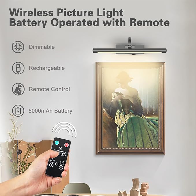 DESOOP Battery Operated Picture Lights for Wall, Wireless Painting Lights Dimmable Artwork Lighting with Remote and Timer, Rechargeable Art Lights for Paintings-Brushed Grey 16'' inch Warm White