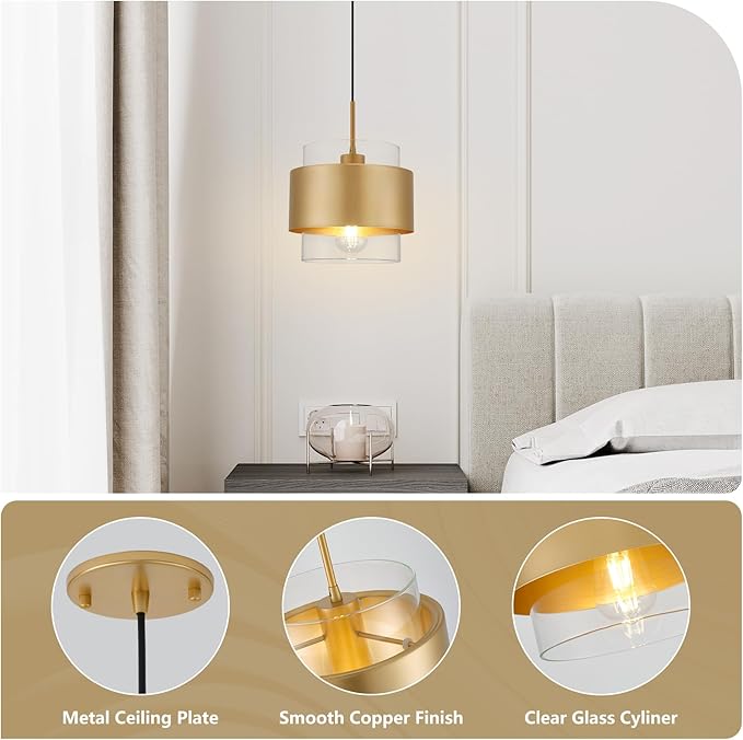 9.8" Gold Pendant Lights Kitchen Island, Farmhouse Pendant Lighting with Clear Glass Shade, Industrial Hanging Pendant Lights Fixture for Kitchen Island Dining Room Hallway
