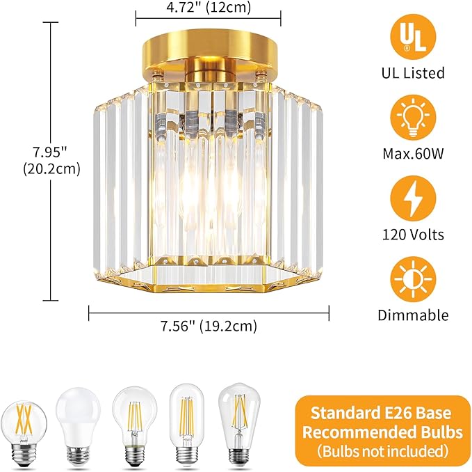 TOULMJ 2 Pack Brushed Gold Ceiling Lights, Modern Crystal Semi Flush Mount Kitchen Ceiling Lighting Fixtures Hallway Ceiling Lamp for Bathroom Bedroom Laundry Room Entryway Foyer Lighting