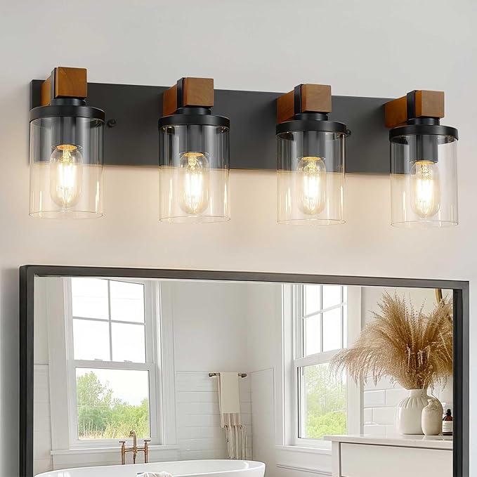 4-Light Farmhouse Bathroom Light Fixtures, Wood Matte Black Vanity Lights Over Mirror with Clear Glass Shades, Rustic Bathroom Lighting Wall Mounted Lamps for Living Room, Cabinet, Porch