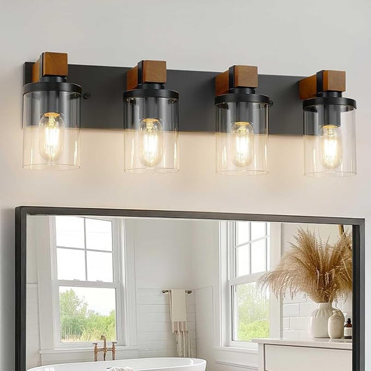 4-Light Farmhouse Bathroom Light Fixtures, Wood Matte Black Vanity Lights Over Mirror with Clear Glass Shades, Rustic Bathroom Lighting Wall Mounted Lamps for Living Room, Cabinet, Porch