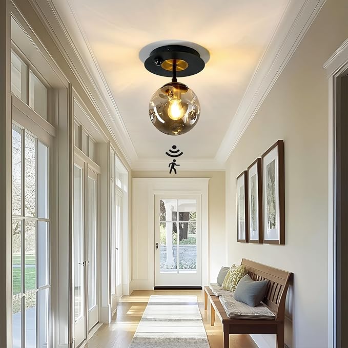 SZXYKEJI Motion Sensor Light Indoor 1-Light Mini Glass Globe Ceiling Light Fixture Modern Black Semi Flush Mount Light for Hallway Entryway Porch Stairway Closet
