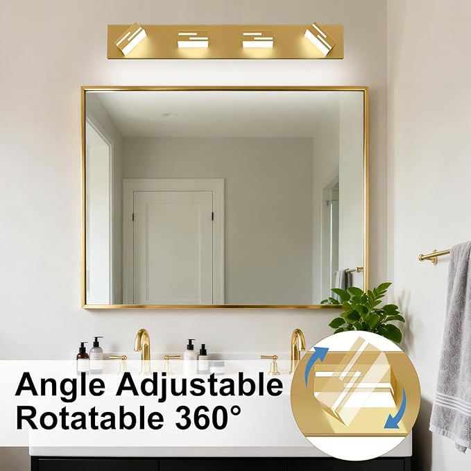 LED Modern Bathroom Vanity Light Fixtures, 4-Light 28-inch Dimmable Gold Vanity Lights for Bathroom Lighting Fixtures Over Mirror, with 360° Rotatable Heads (Cool White 6000K)