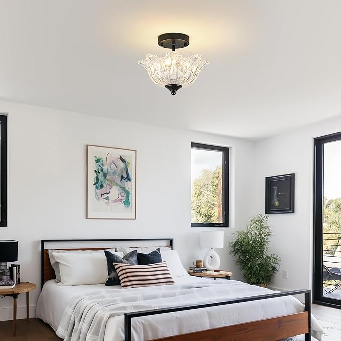 Semi Flush Mount Ceiling Light, Black Light fixtures with Floral Clear Glass Shade, Modern Close-to-Ceiling Lighting for Bedroom Kitchen Living Room Hallway