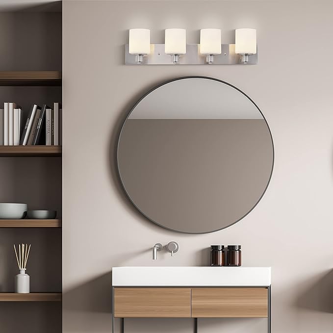 Design House 578849 Dane Traditional 4-Light Indoor Bathroom Vanity Light Dimmable Frosted Glass for Over The Mirror, Satin Nickel